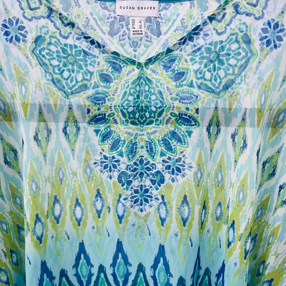 Susan Graver Sheer Chiffon Tunic Top Size L Blue Green Ikat Geometric V-Neck - Picture 3 of 8